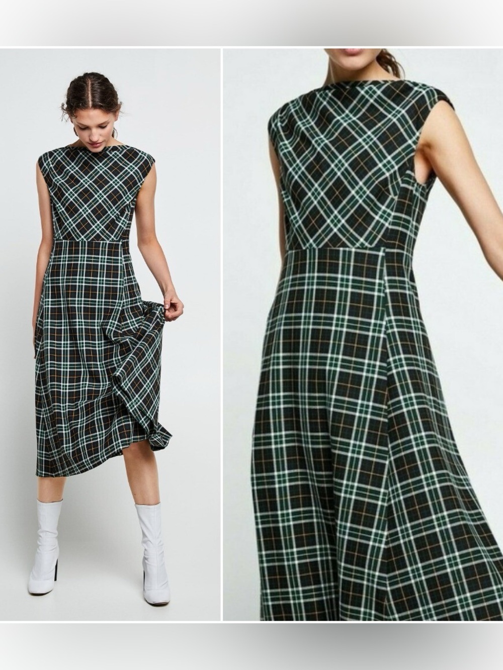 Zara Green and Black Plaid Sleeveless Midi Dress